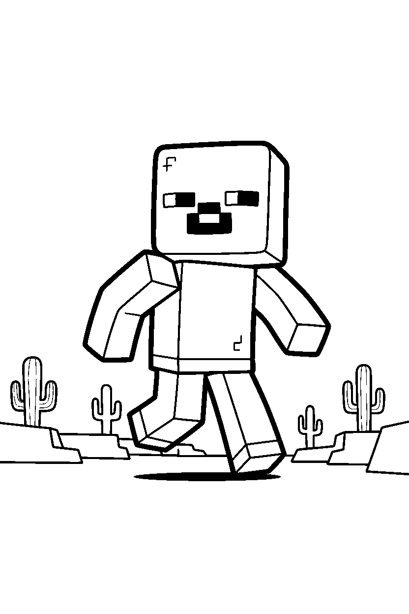 minecraft zombie walking happily in a desert line art