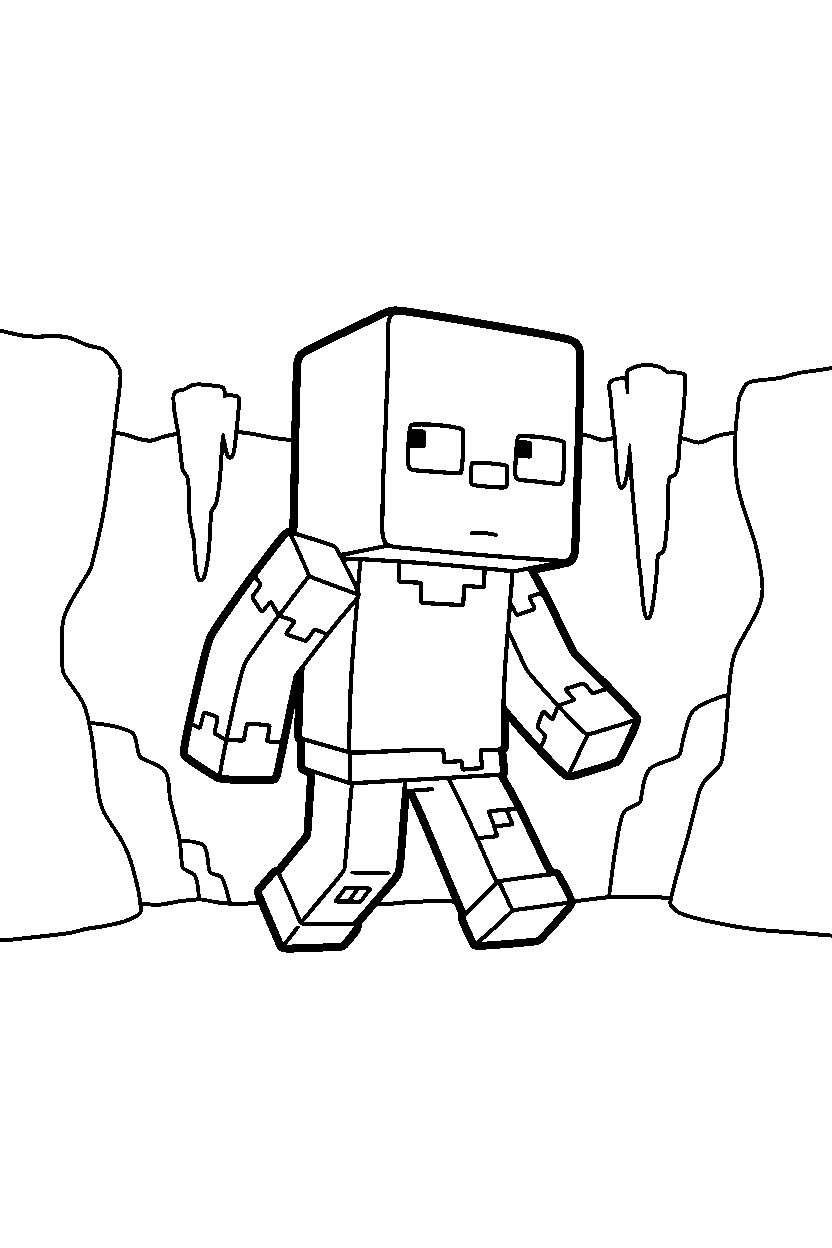 minecraft zombie wandering curiously in a cave line art