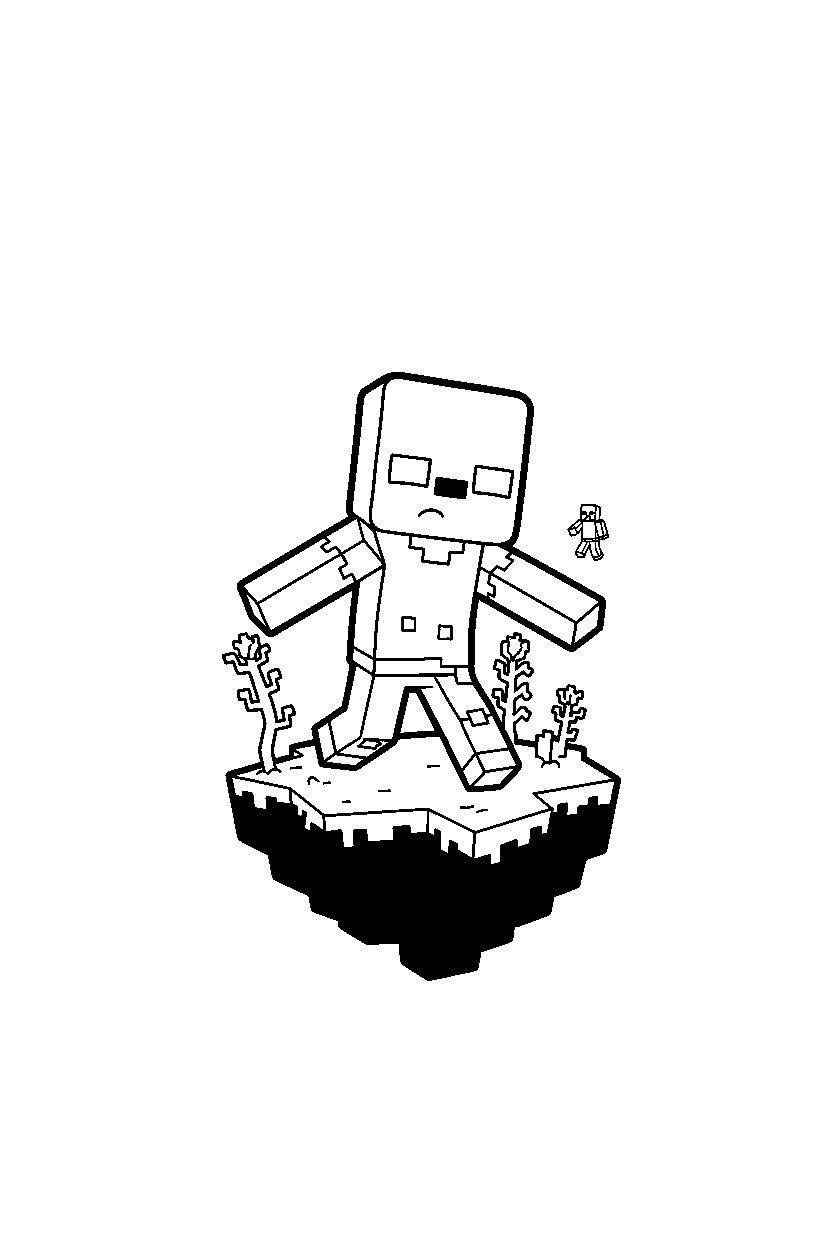 minecraft zombie wandering curiously on an end island line art