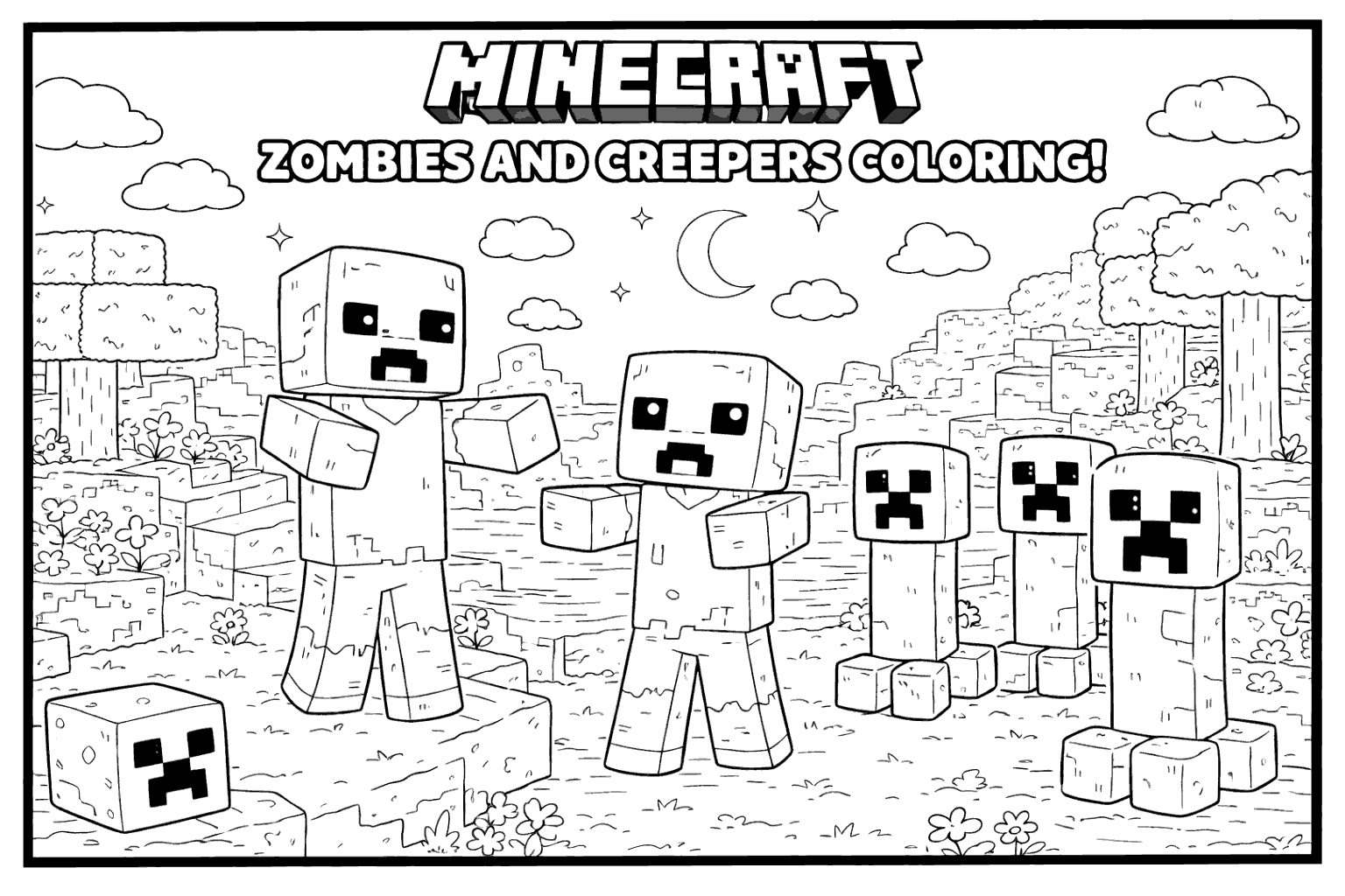 minecraft zombies and creepers line art