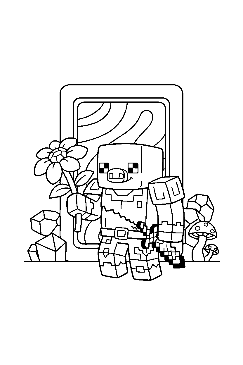 minecraft zombified piglin holding a flower near a portal line art