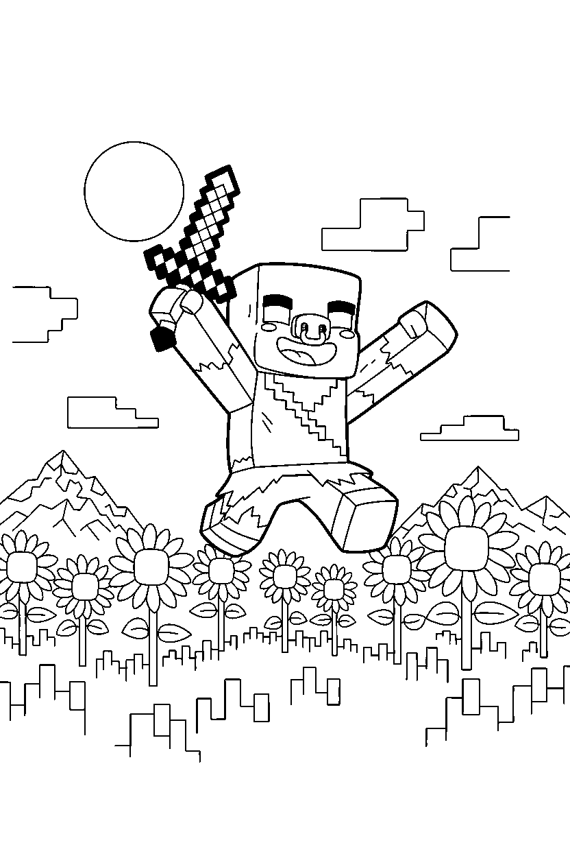 minecraft zombified piglin jumping playfully in sunflower plains line art
