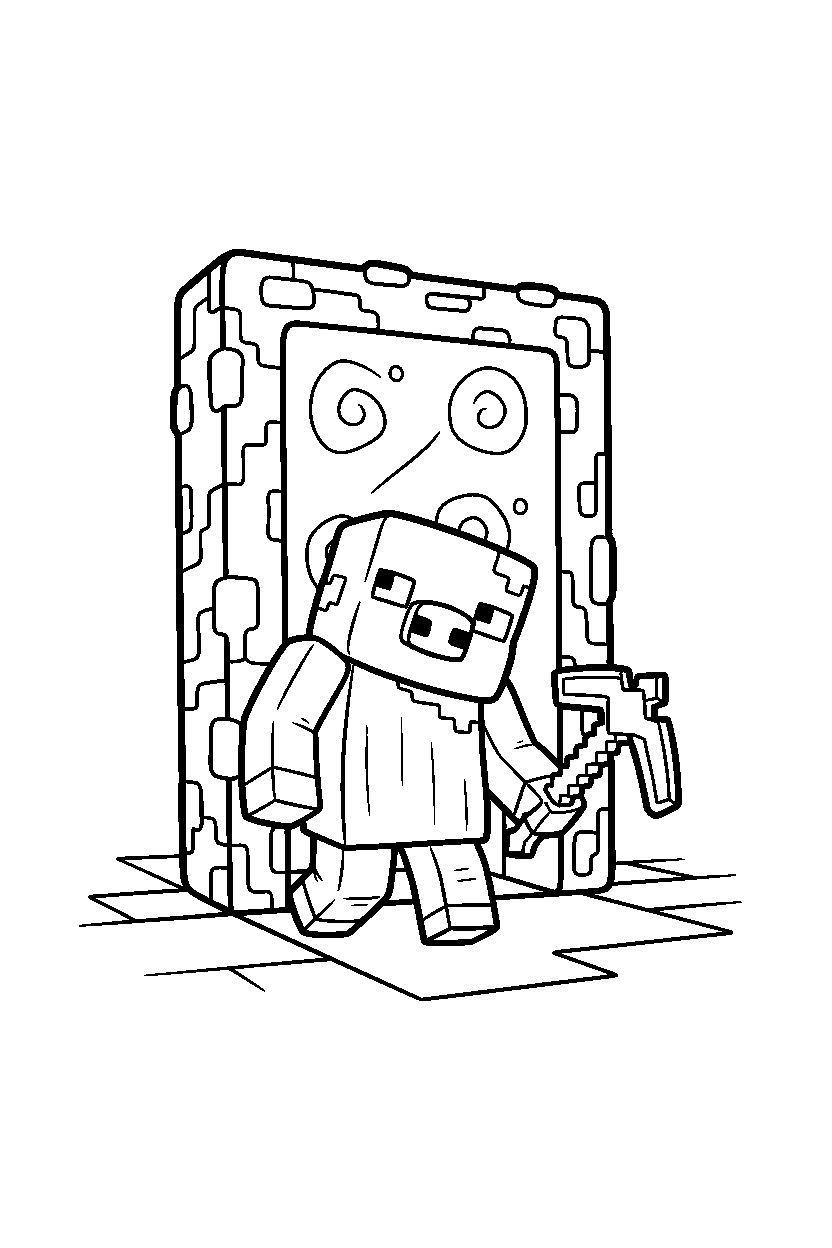minecraft zombified piglin wandering curiously near a portal line art