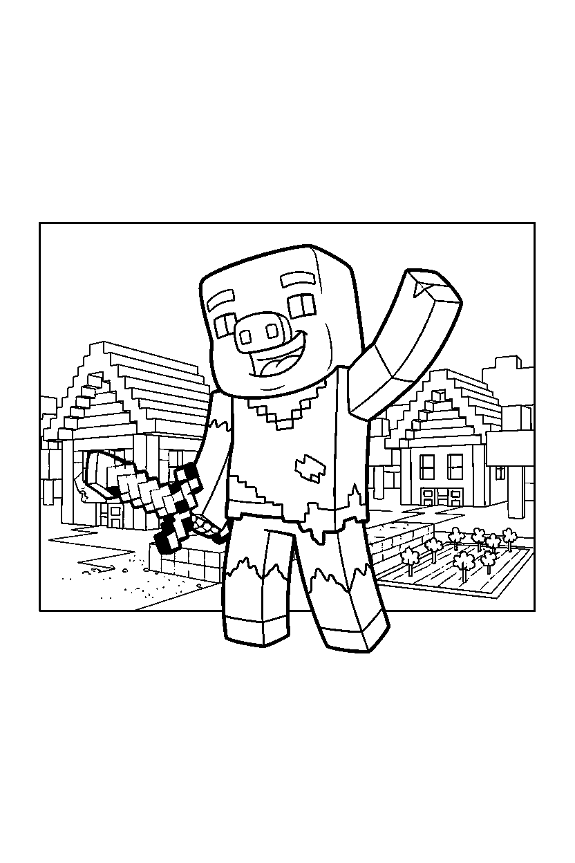 minecraft zombified piglin waving happily in a village line art