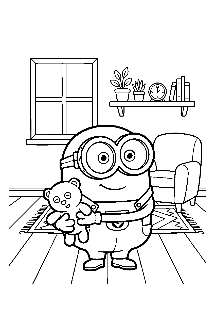 minions bob observing in house line art