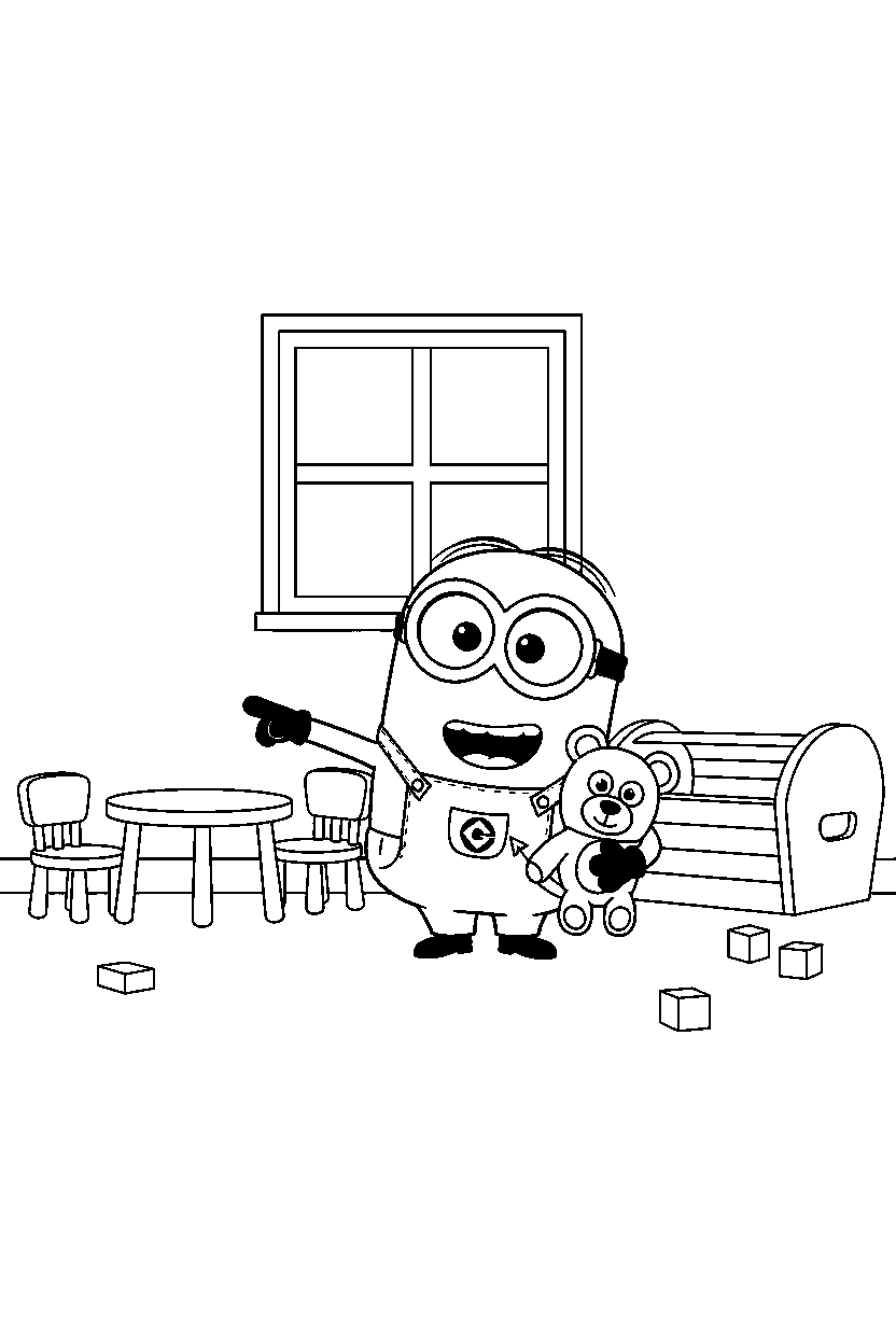 minions bob pointing in room line art
