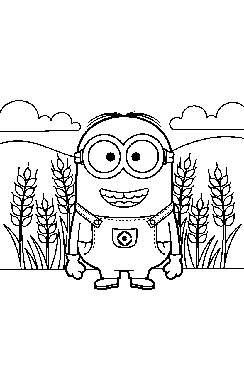 minions bob smiling in wheat field line art