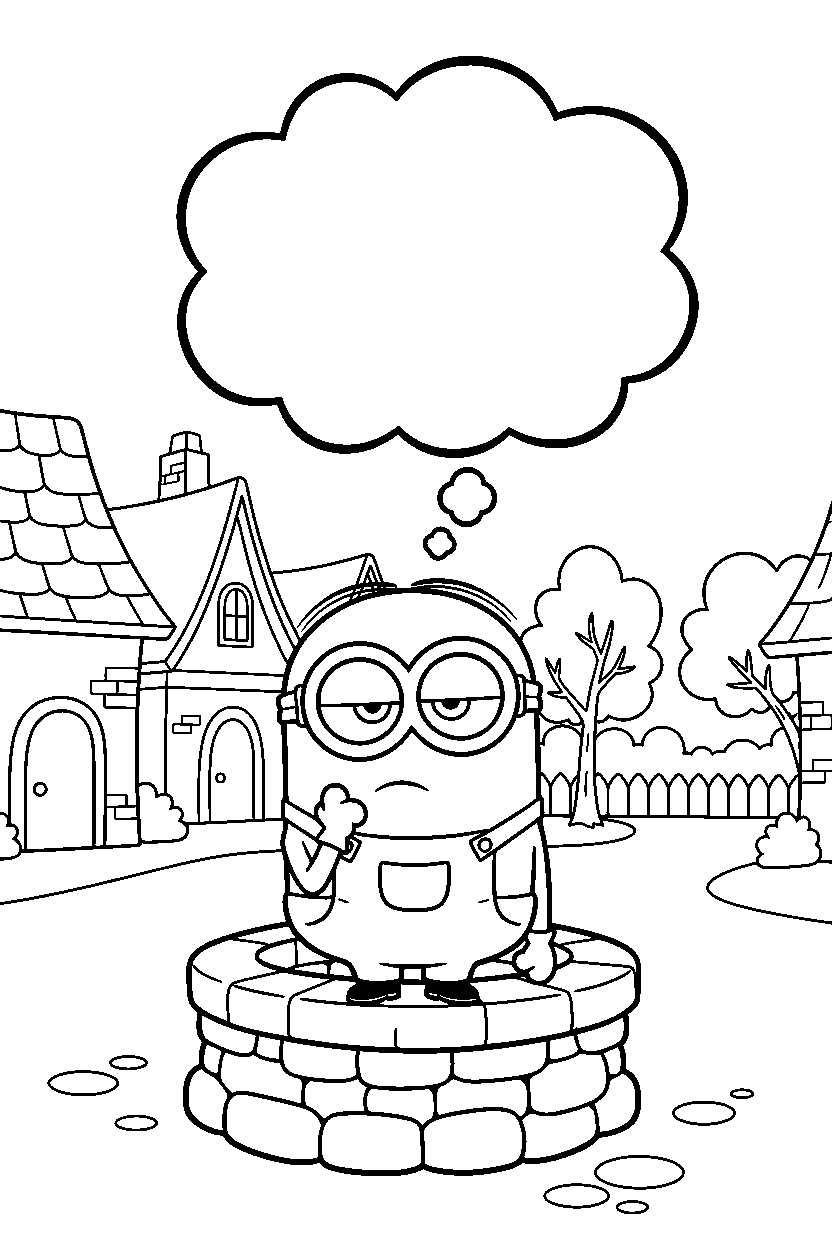 minions bob thinking in village line art