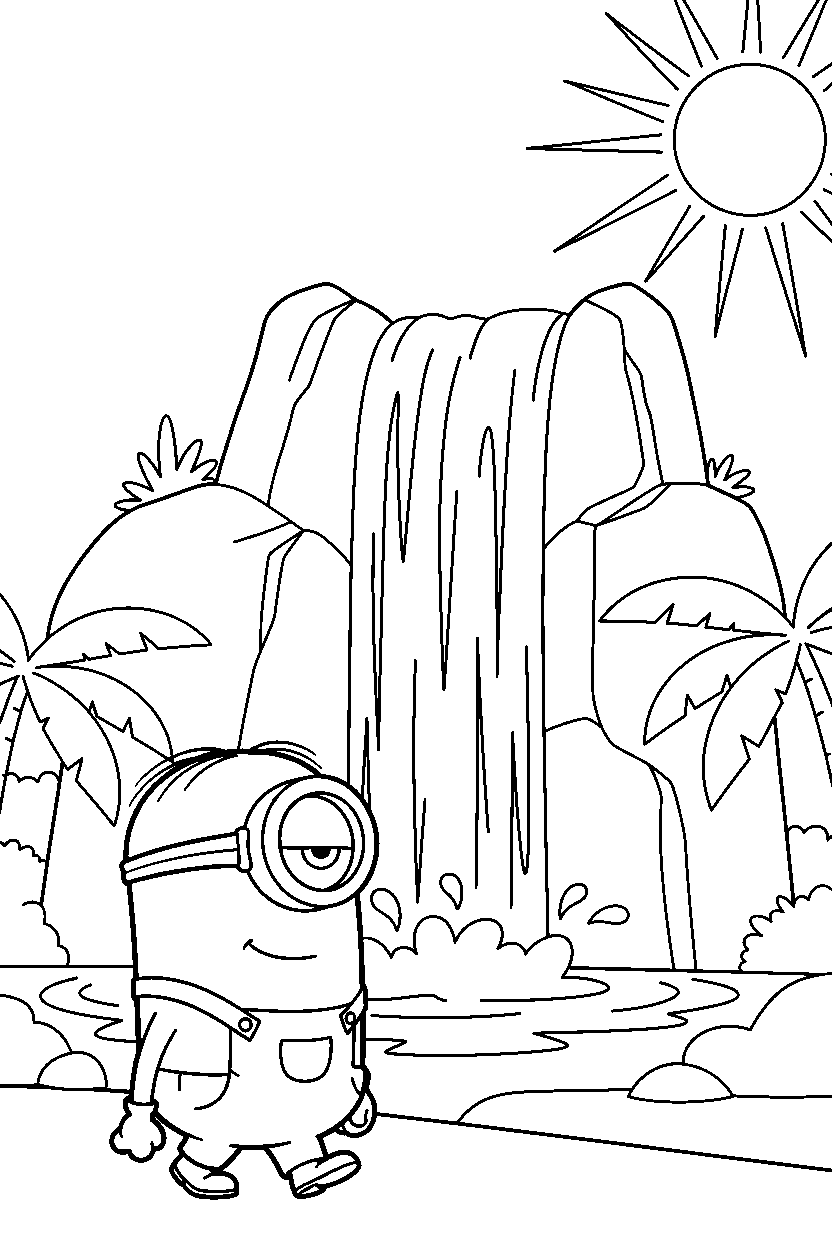 minions bob walking slowly by waterfall line art