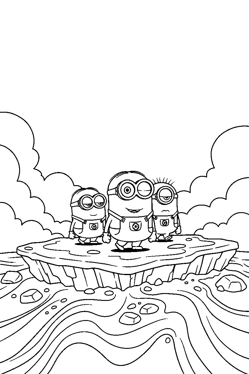 minions bob walking slowly on lava platform line art