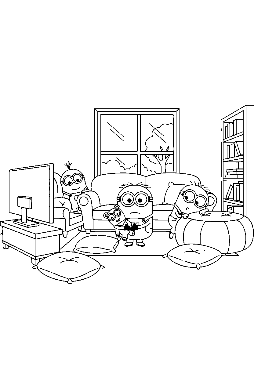 minions bob watching in bonus room line art
