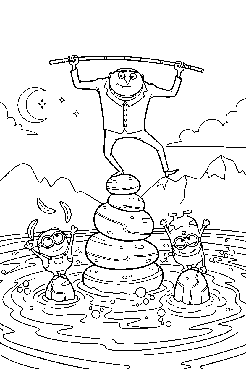 minions gru balancing in lava area line art
