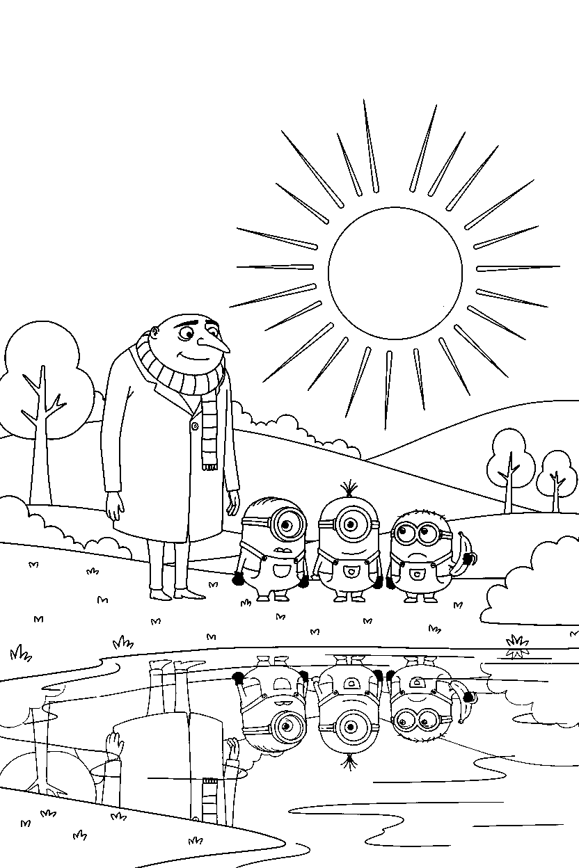 minions gru exploring by lake line art