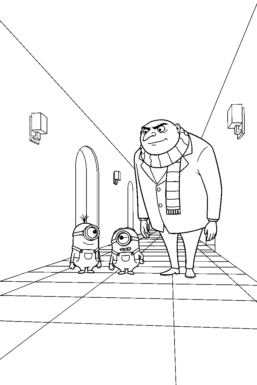 minions gru exploring in hallway line art