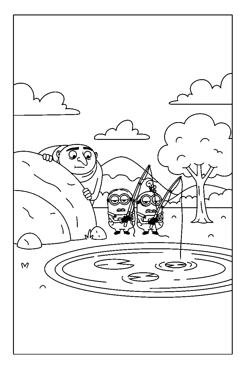 minions gru looking around at fishing spot line art