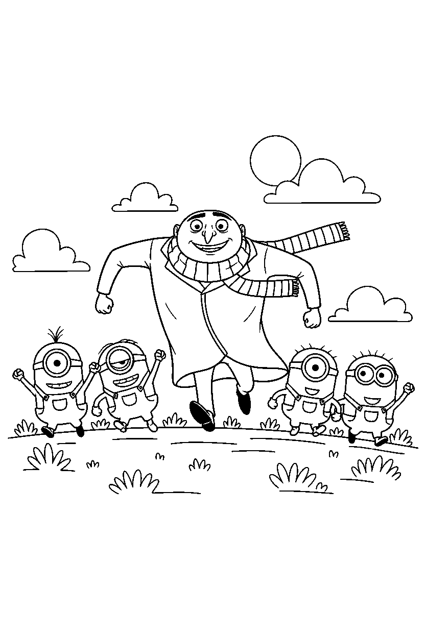 minions gru running in grassy field line art