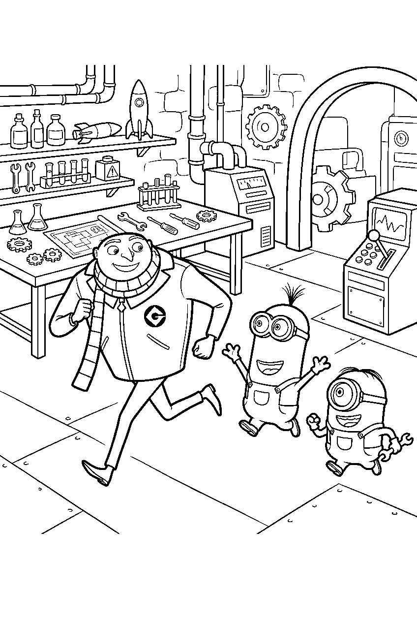 minions gru running in workshop line art