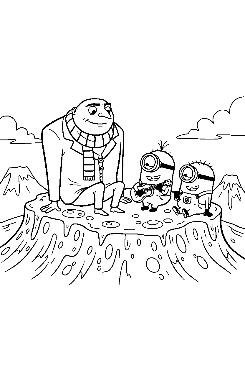minions gru sitting on lava platform line art