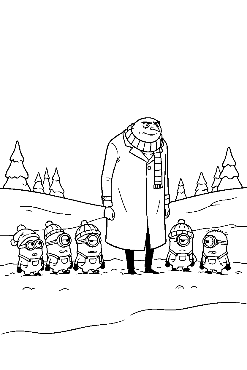 minions gru walking slowly in snowy field line art