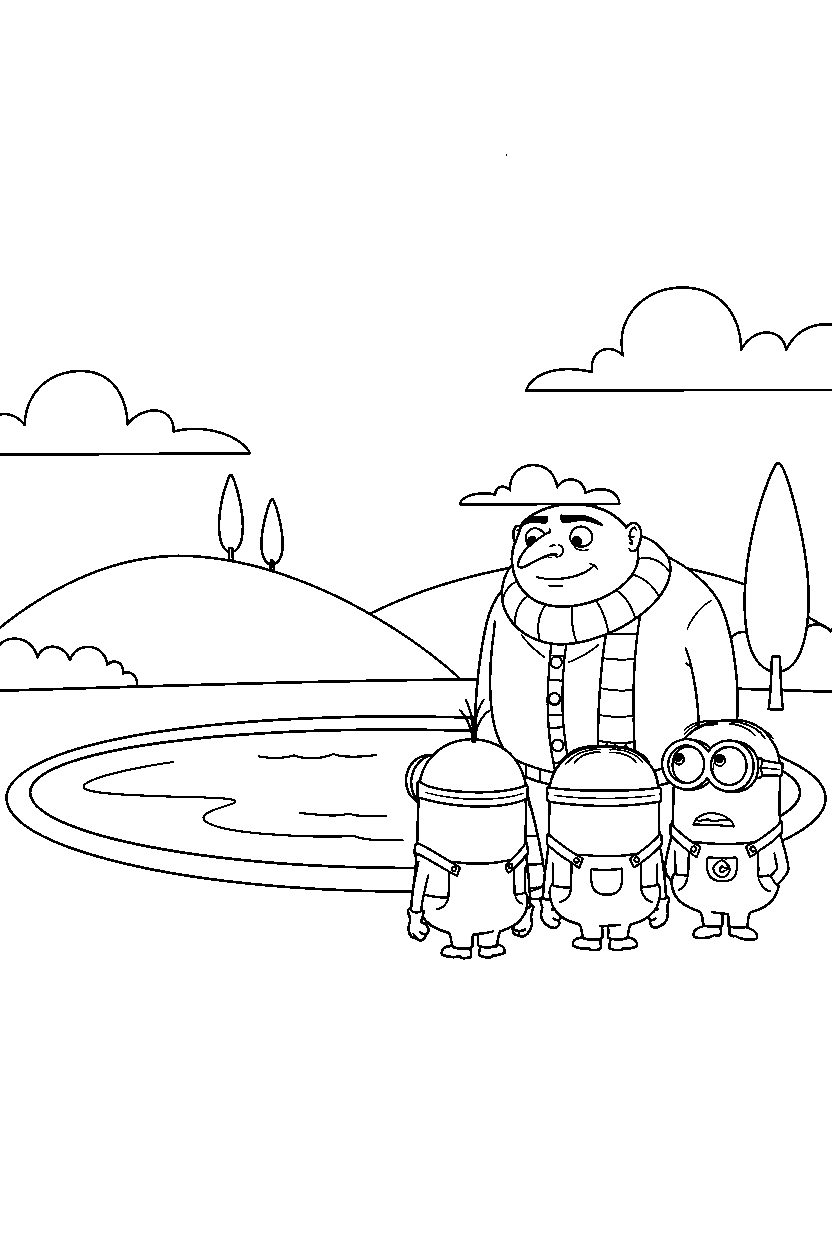 minions gru watching by lake line art