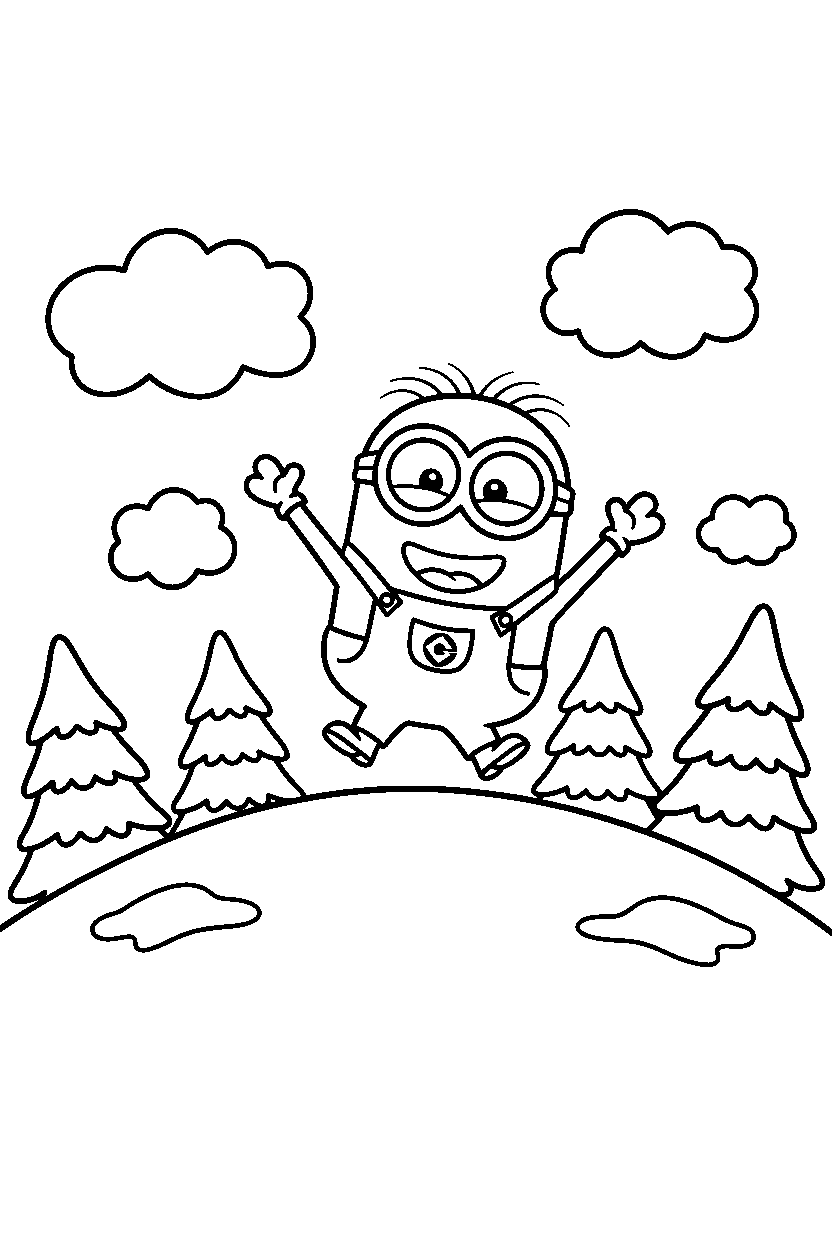 minions kevin jumping on snowy hill line art