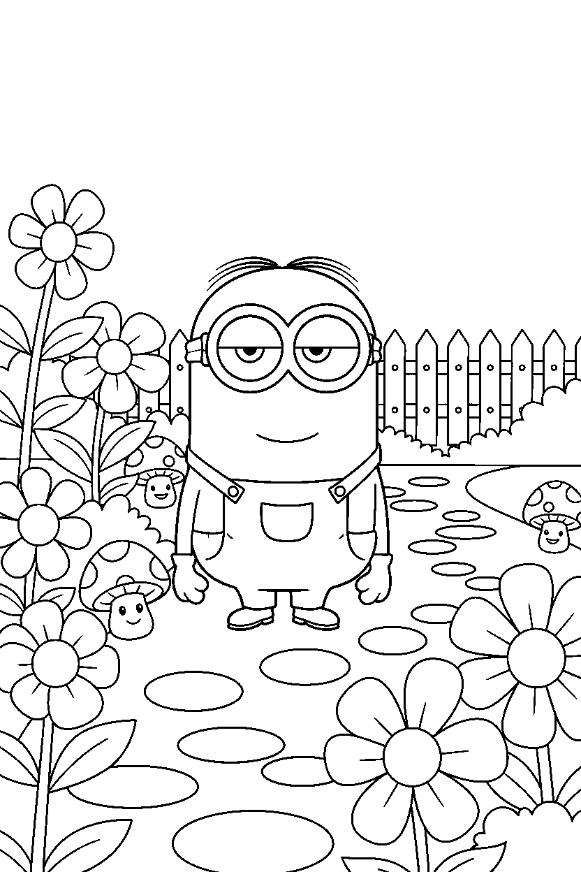 minions kevin standing calmly in garden line art
