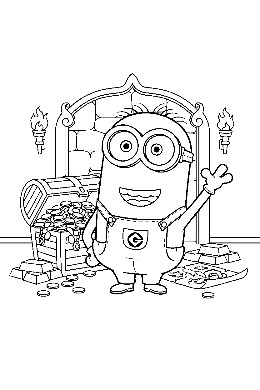 minions kevin waving in treasure room line art