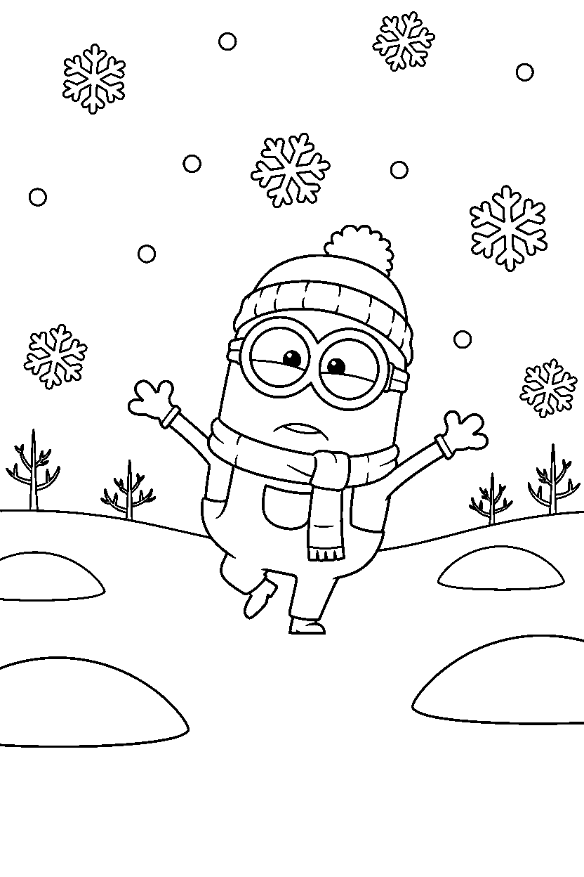 minions stuart balancing in snowy field line art