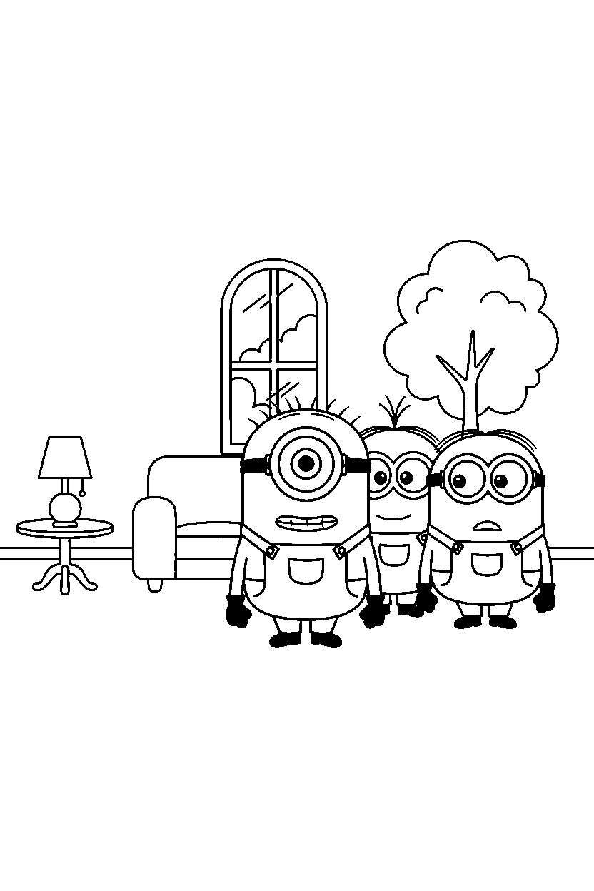 minions stuart exploring in house line art