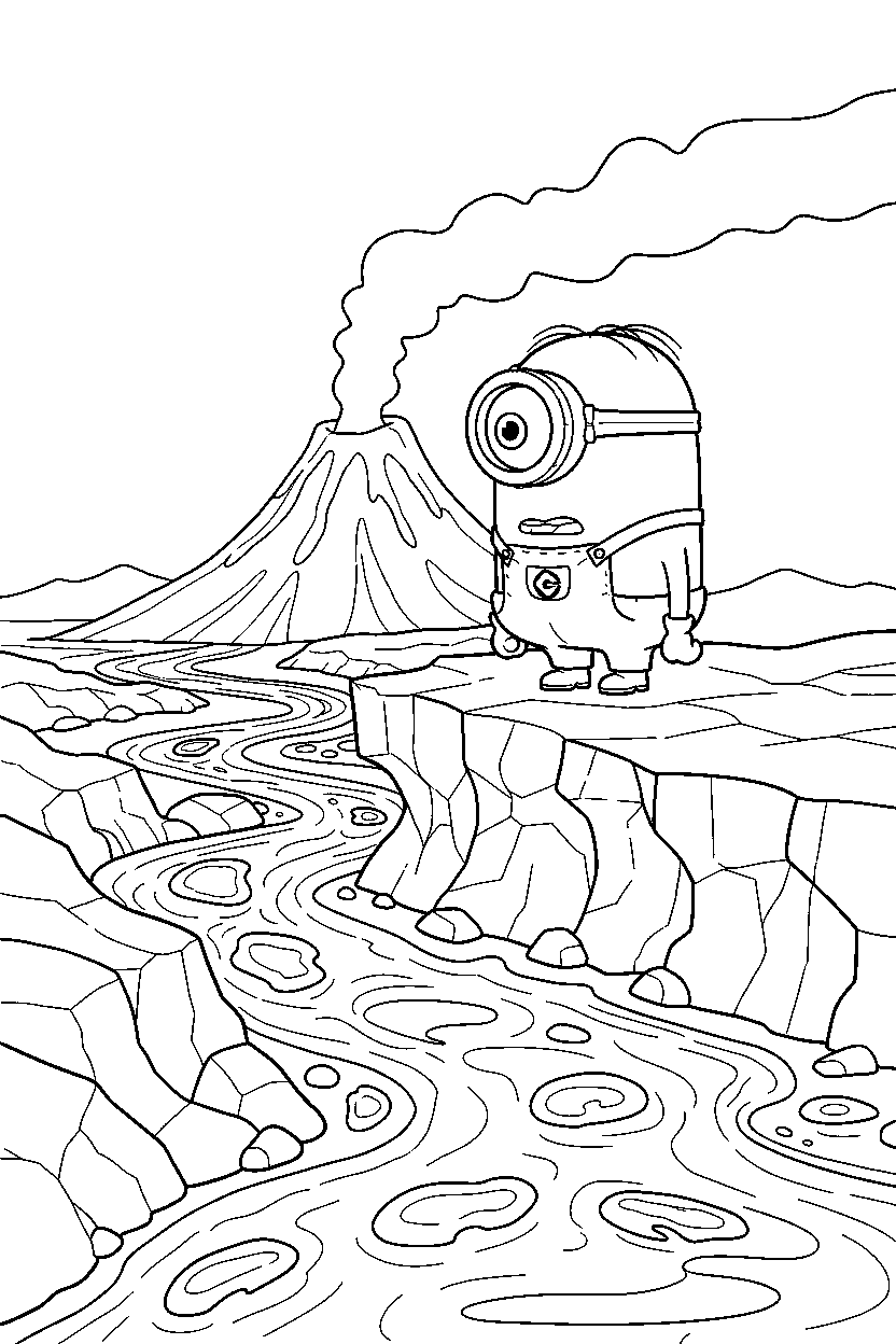 minions stuart observing on lava platform line art