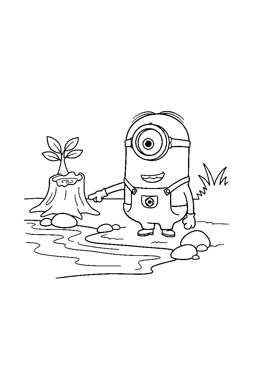 minions stuart pointing by river line art