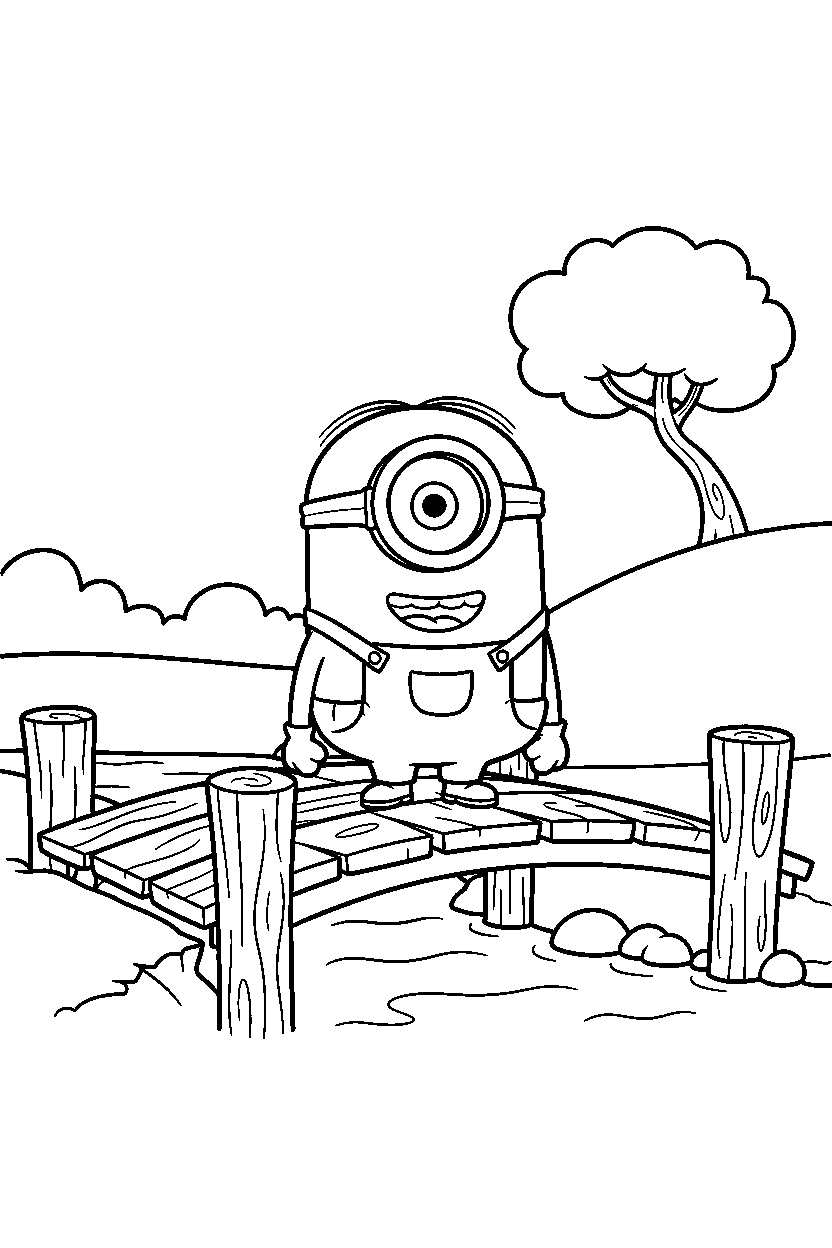 minions stuart standing on wooden bridge line art