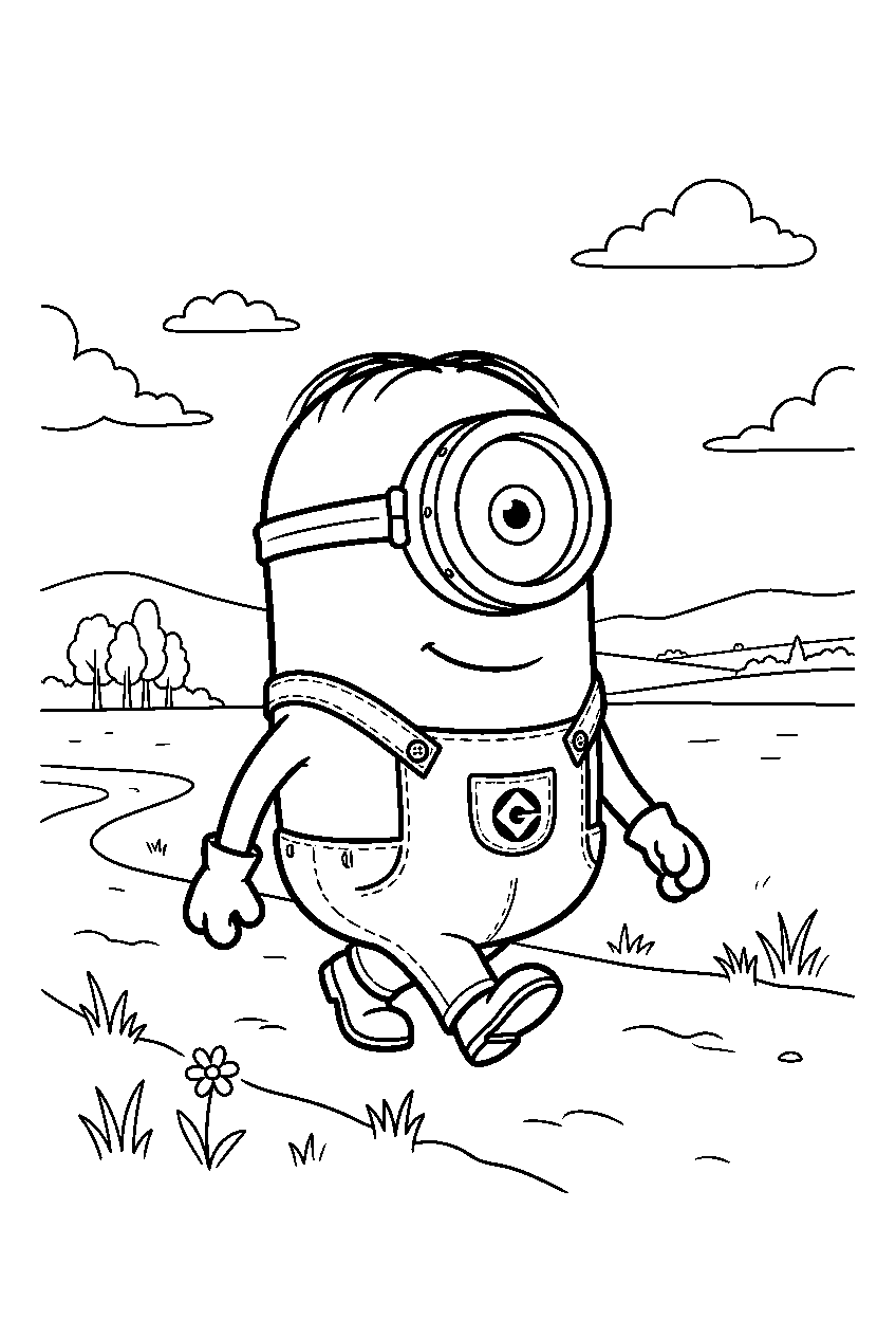 minions stuart walking slowly in open field line art