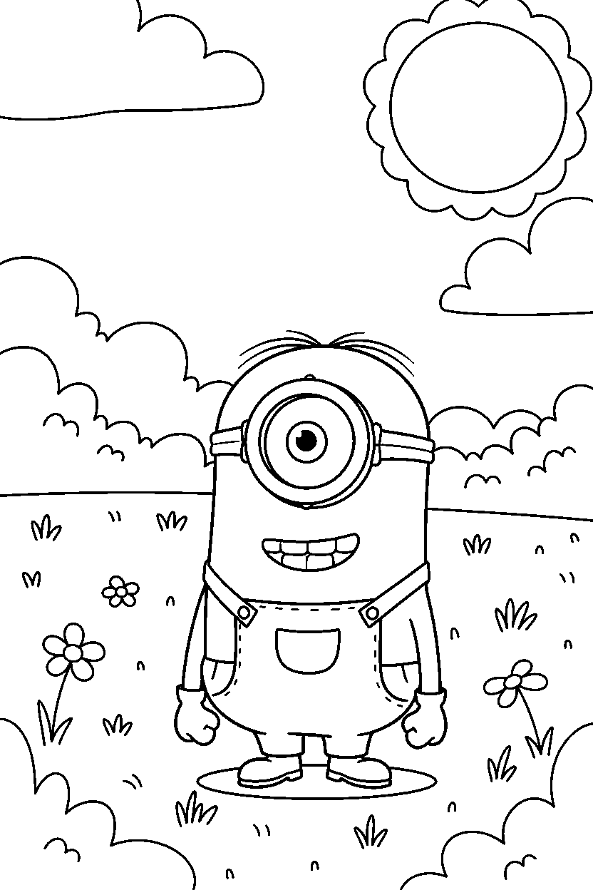 minions stuart watching in open field line art