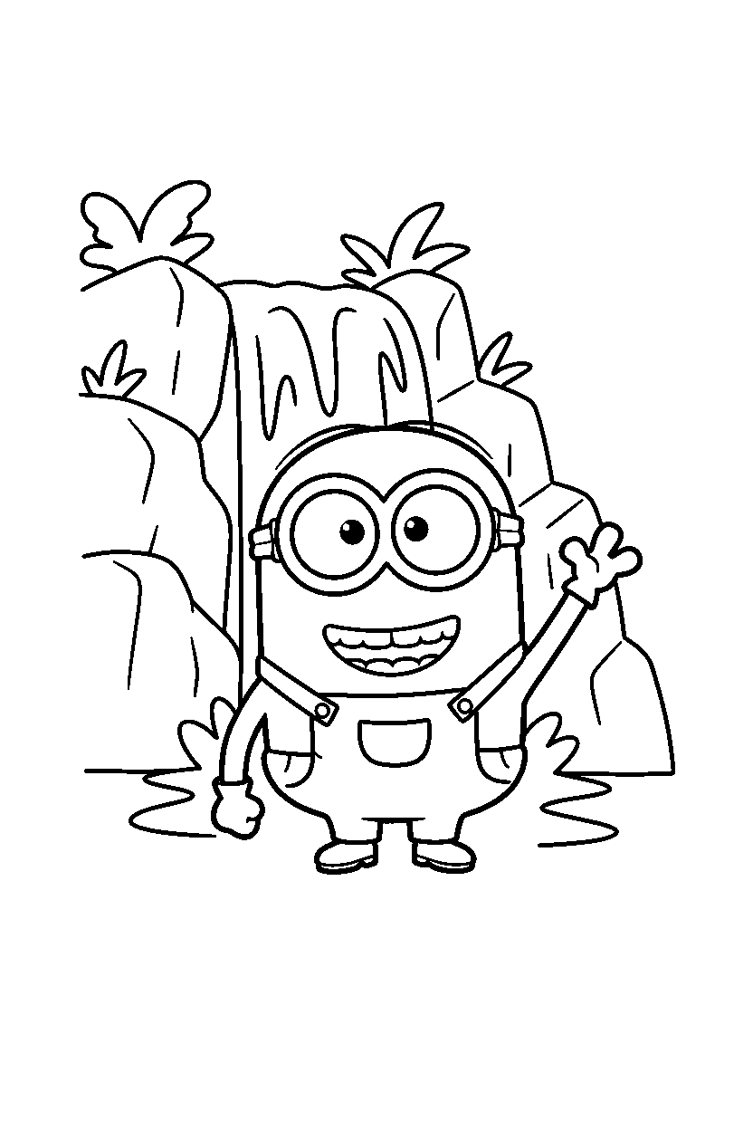 minions stuart waving by waterfall line art