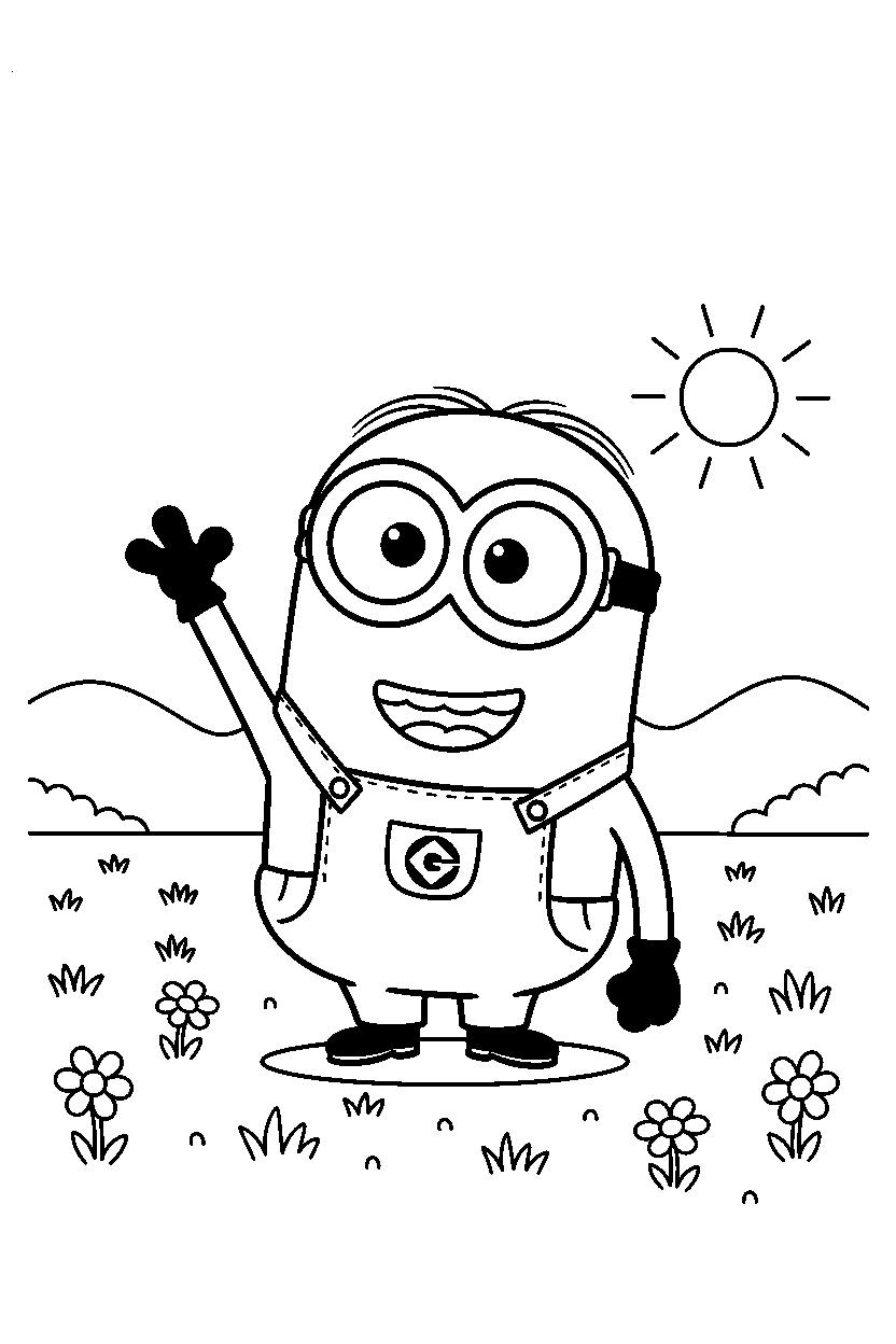 minions stuart waving in open field line art