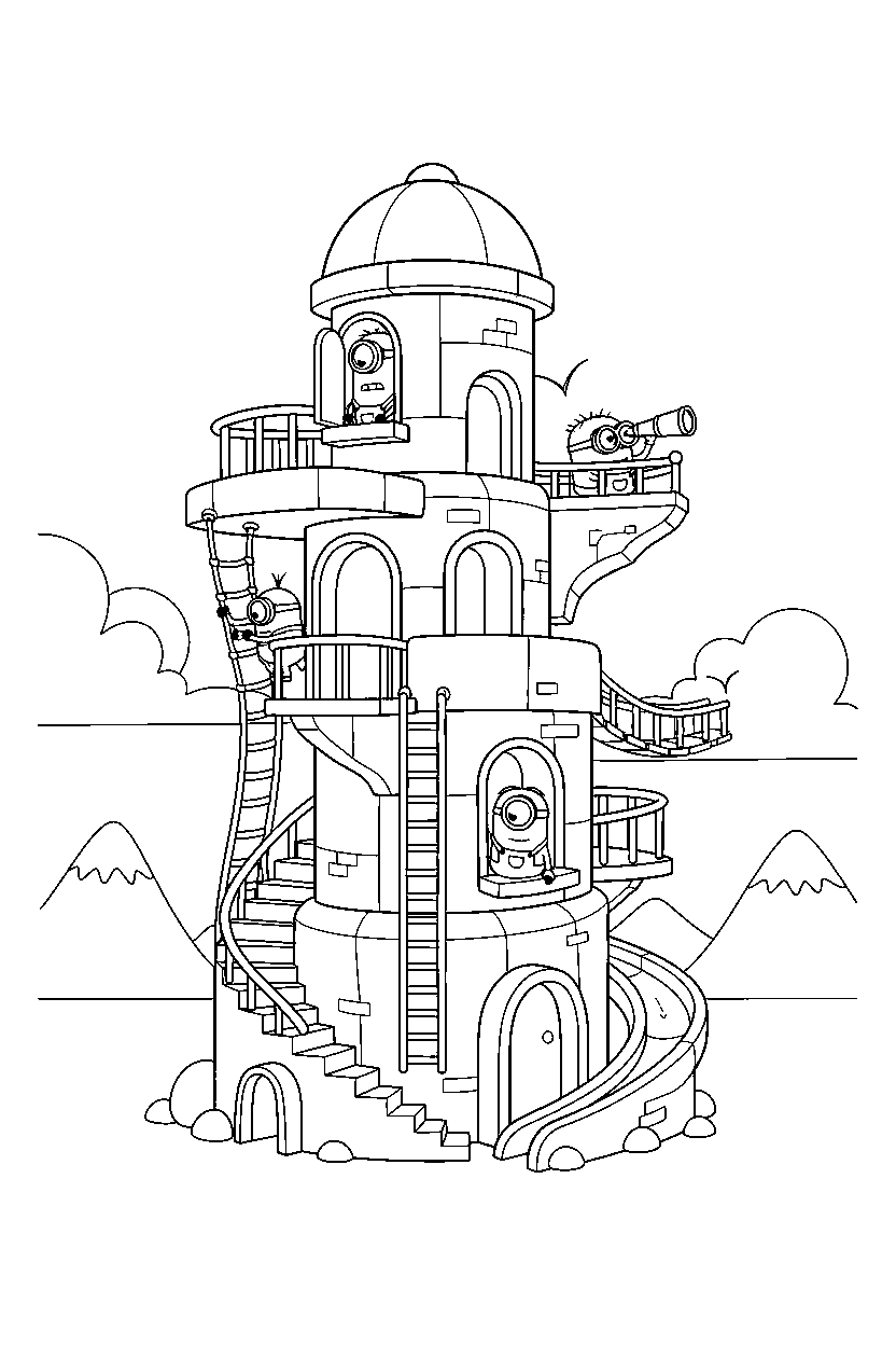 minions exploring in tower line art
