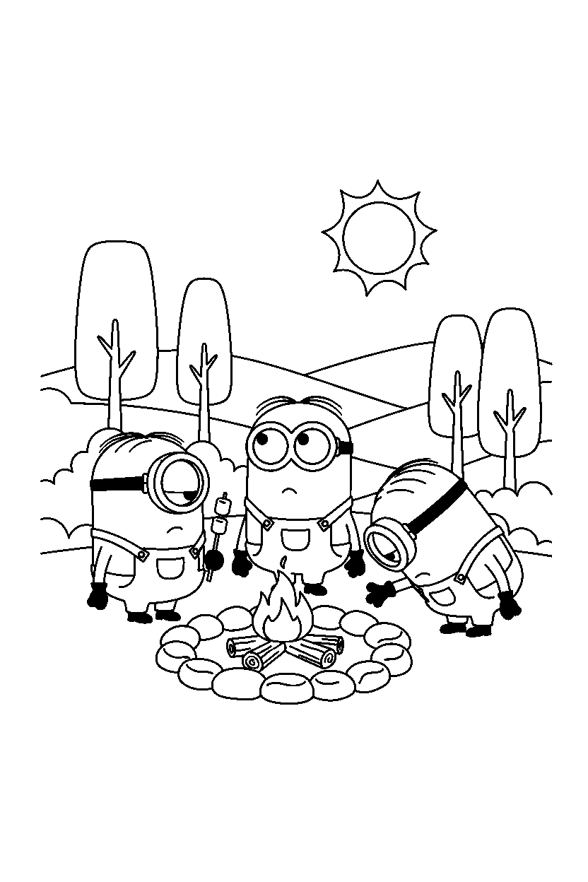 minions looking around at campfire spot line art