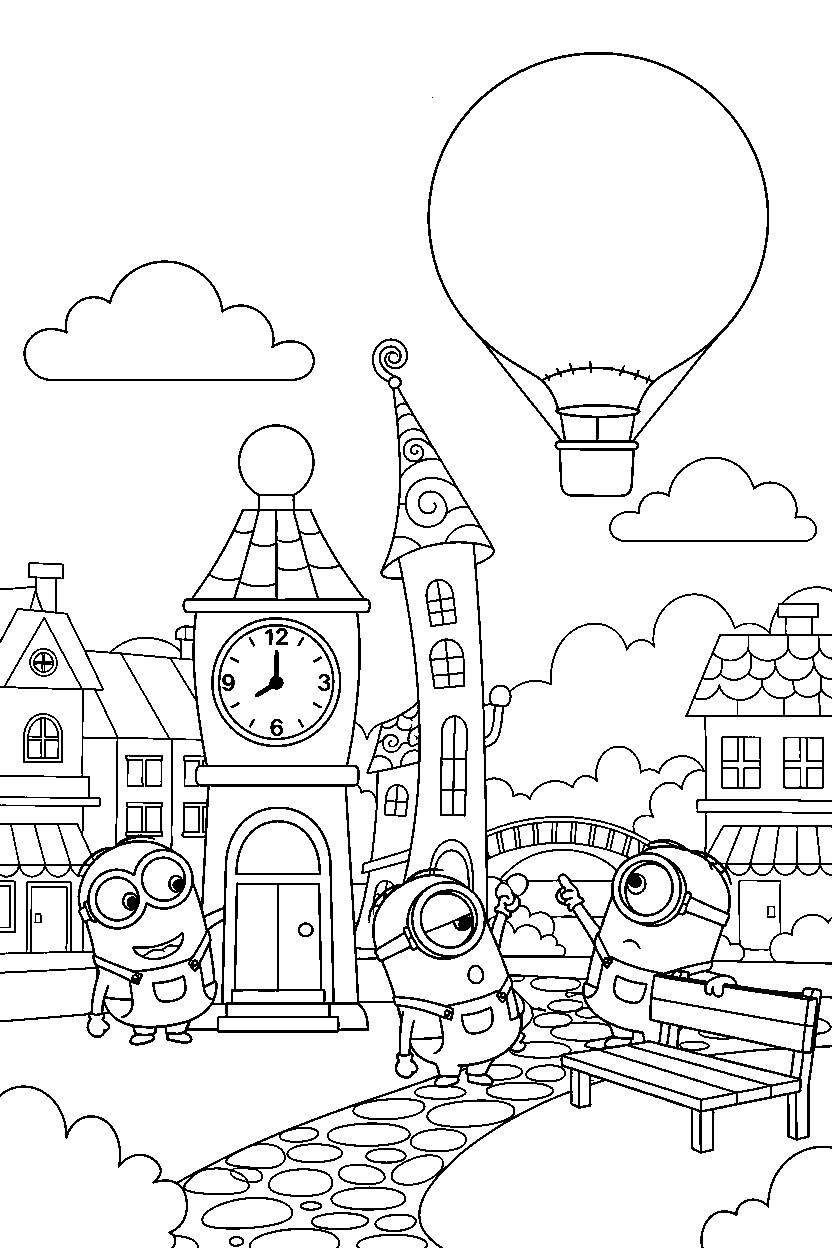 minions looking around in town line art
