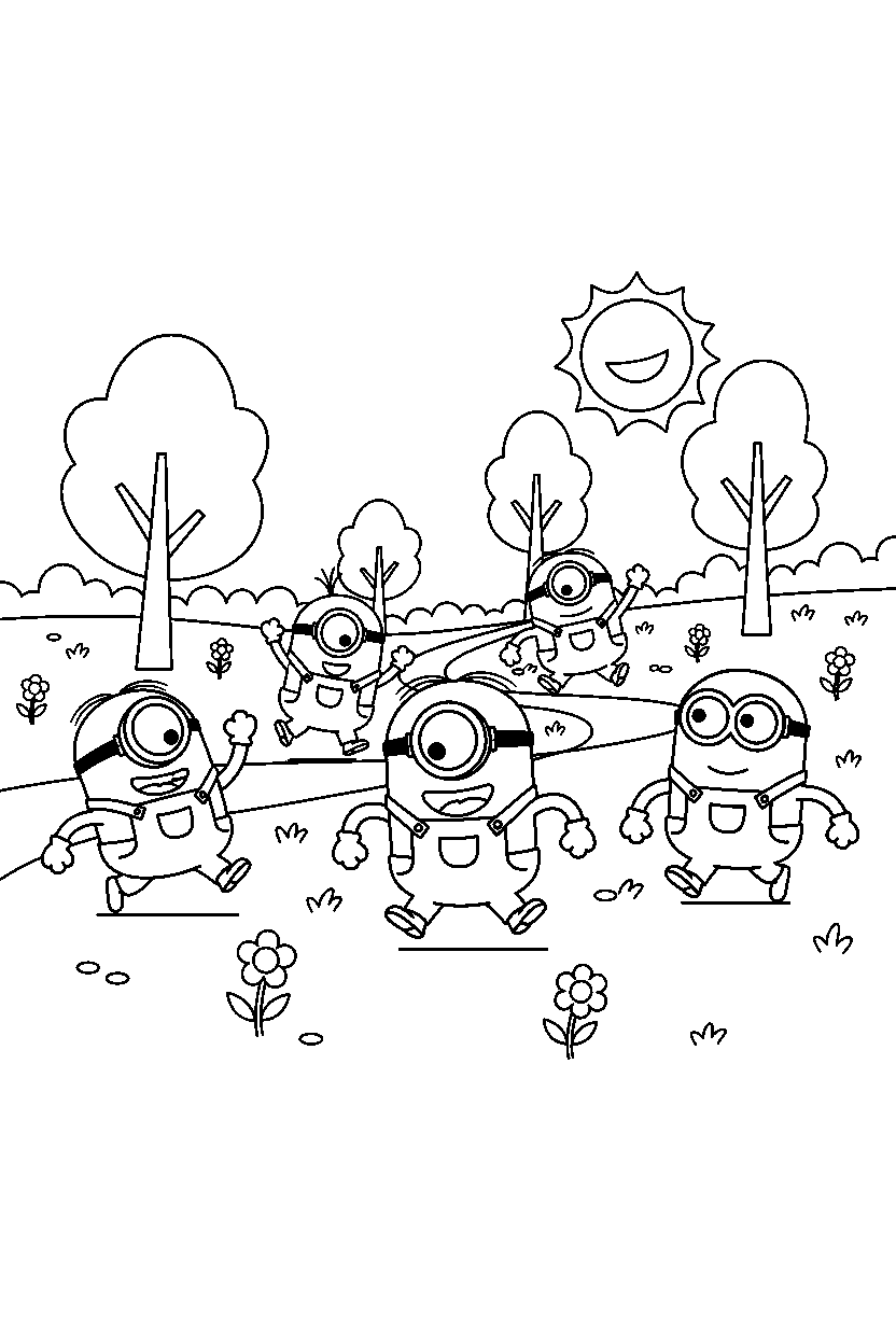 minions running in park line art