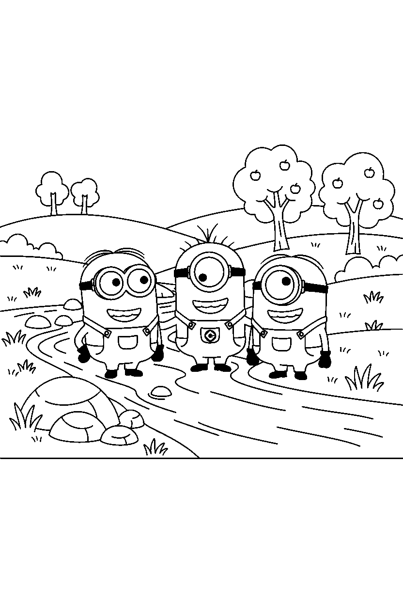 minions smiling by river line art