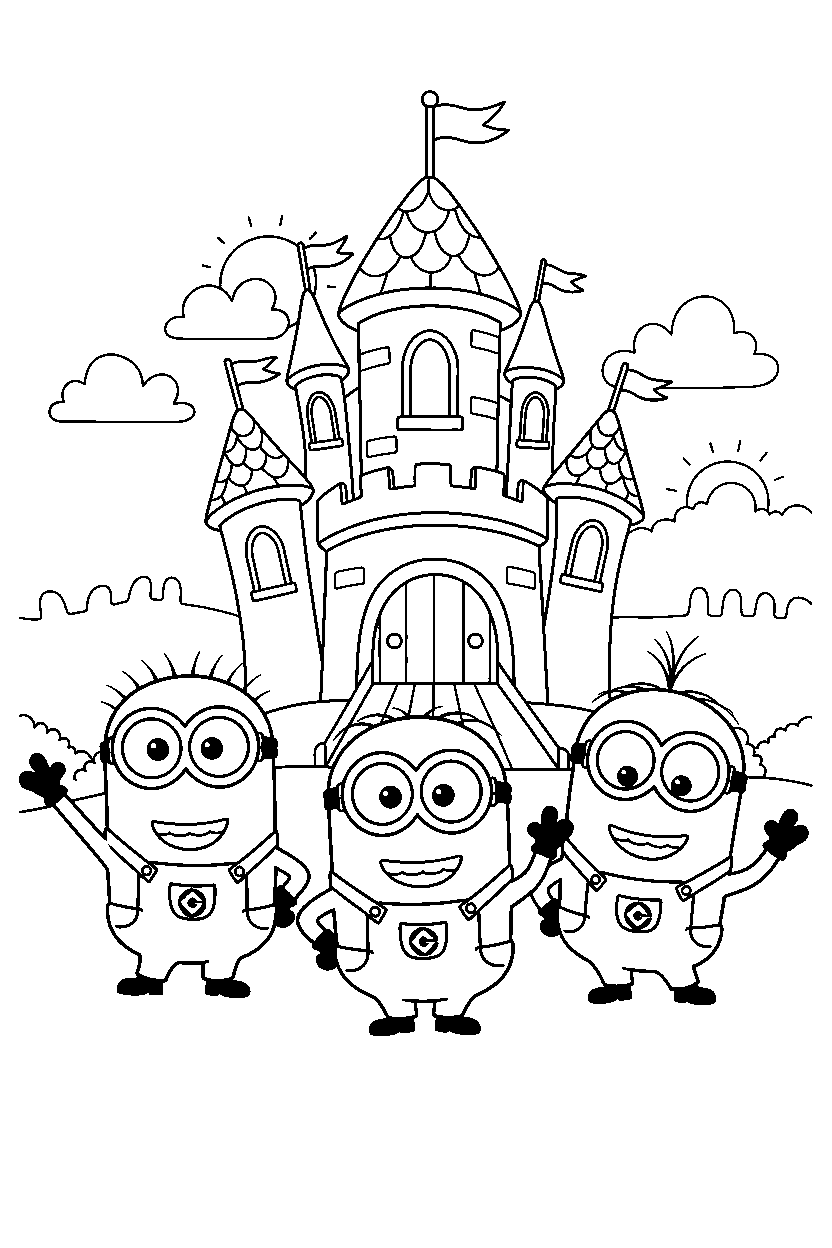 minions smiling in castle line art