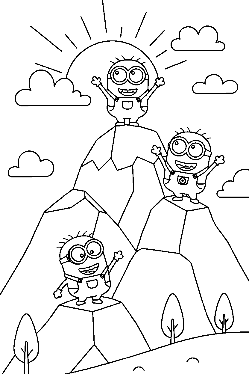minions smiling on mountain line art