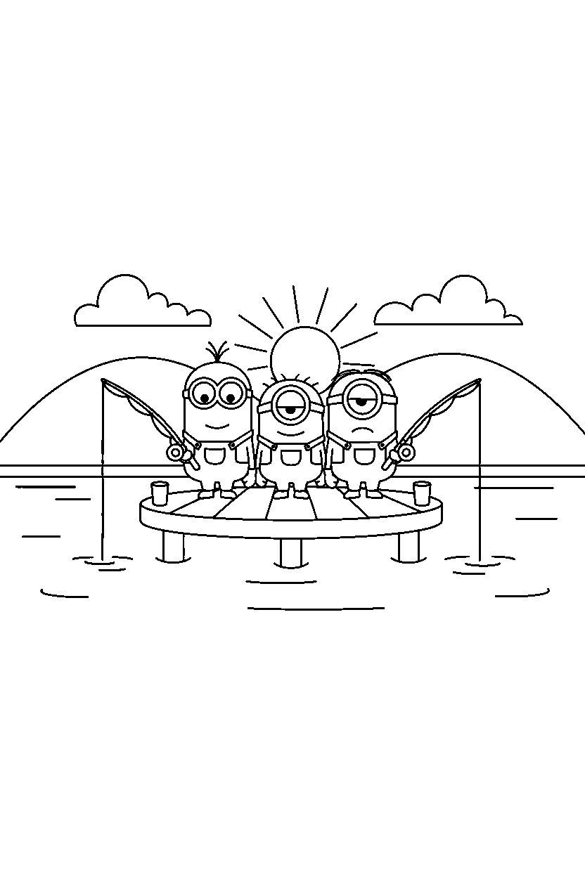 minions standing calmly at fishing spot line art