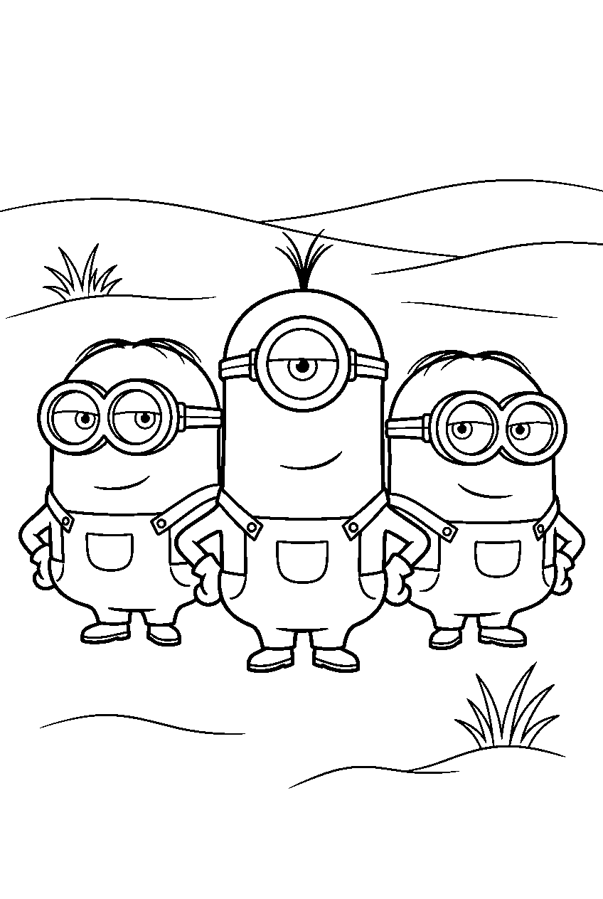 minions standing confidently in sand line art