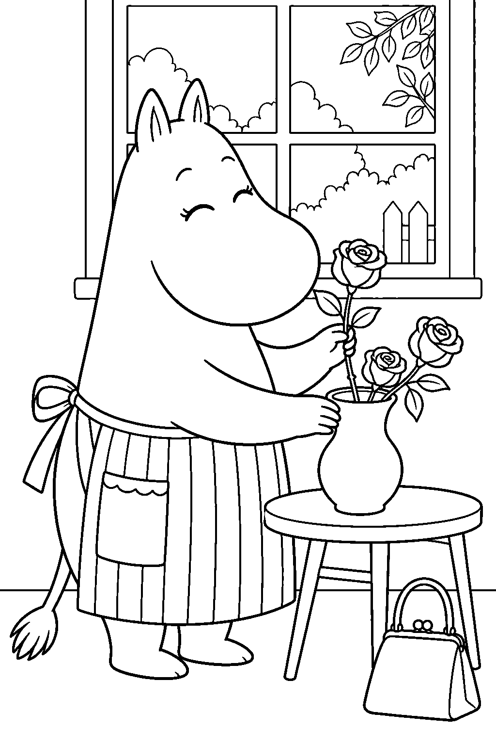 moominmamma arranging roses in a vase line art