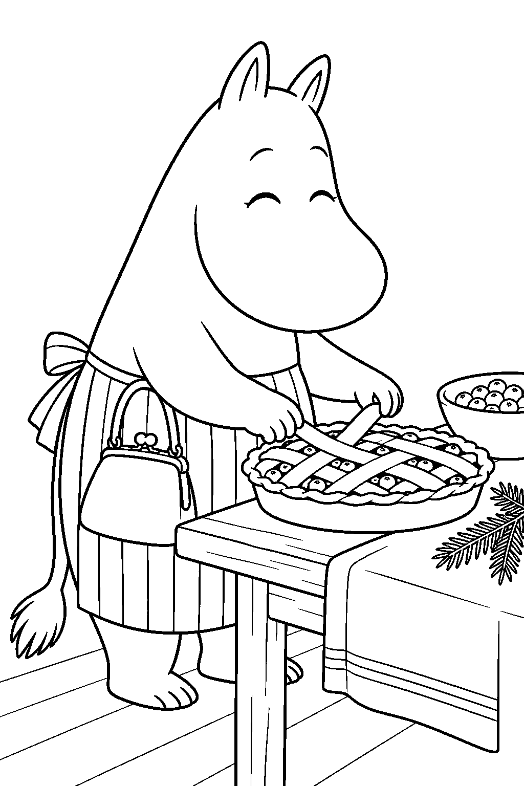 moominmamma baking a blueberry pie for christmas line art