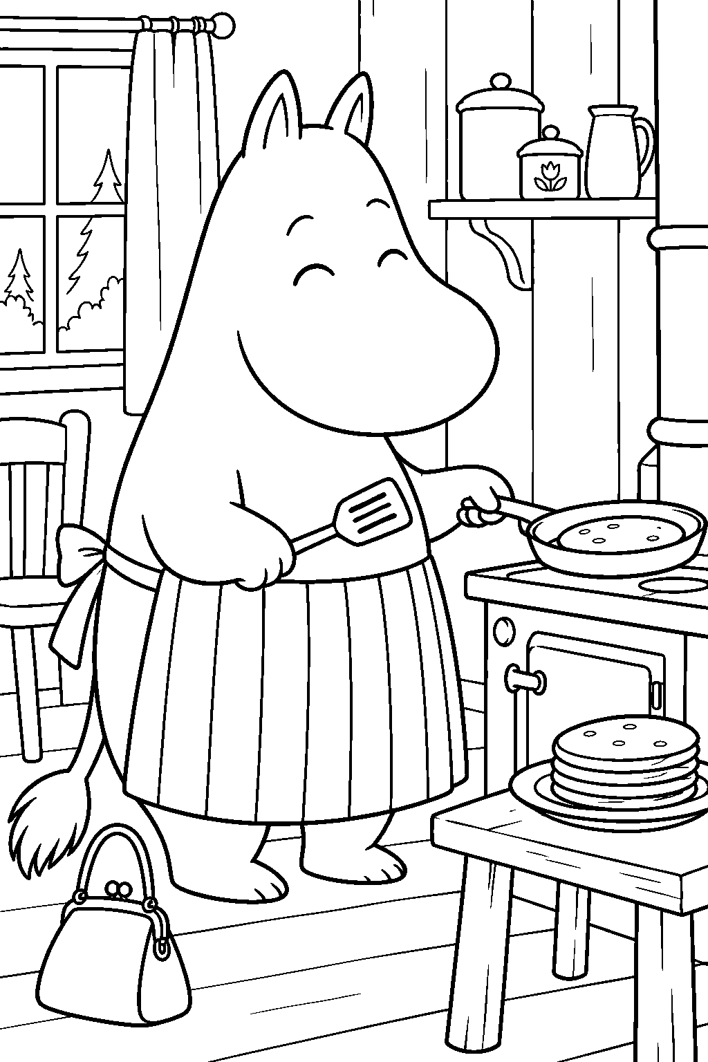 moominmamma baking pancakes in the moominhouse kitchen line art