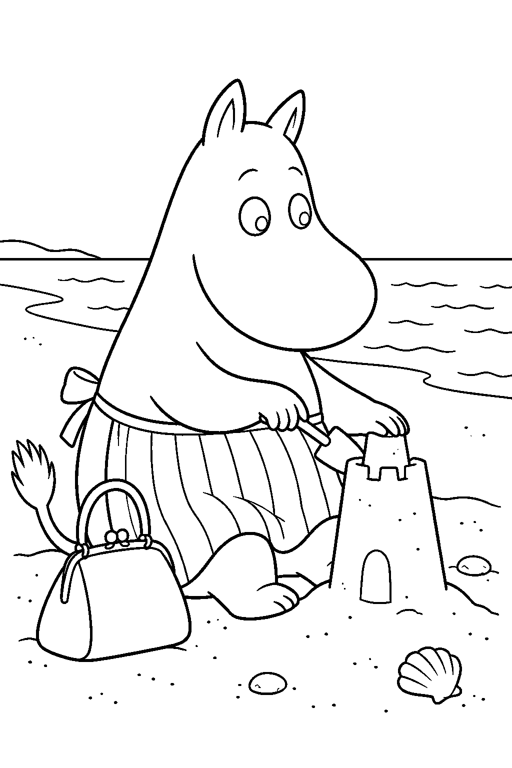 moominmamma building a sandcastle beside her handbag line art