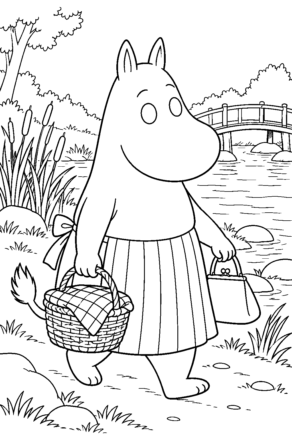 moominmamma carrying a picnic basket to the riverbank line art